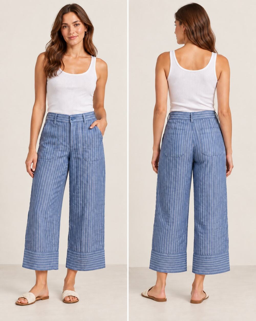 Lauren Ralph Lauren Linen Pants Women 6 Blue White Stripe Cropped